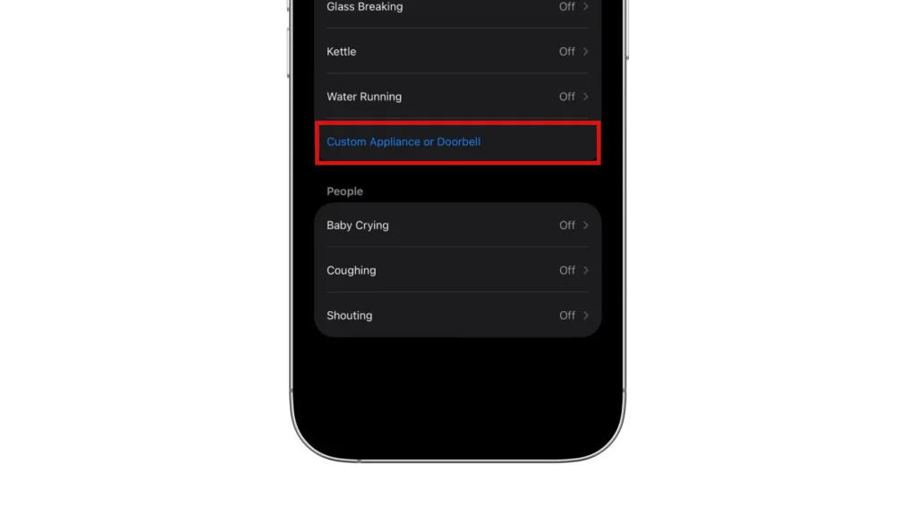 Sound Recognition sound list with Custom Appliance or Doorbell highlighted