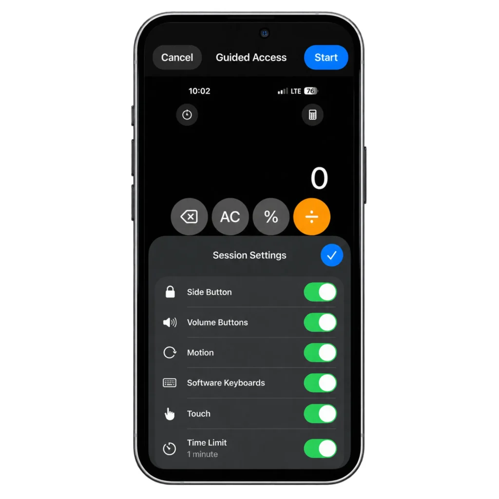 Guided Access Session Settings with button, motion, keyboard and touch controls enabled, plus a one-minute time limit