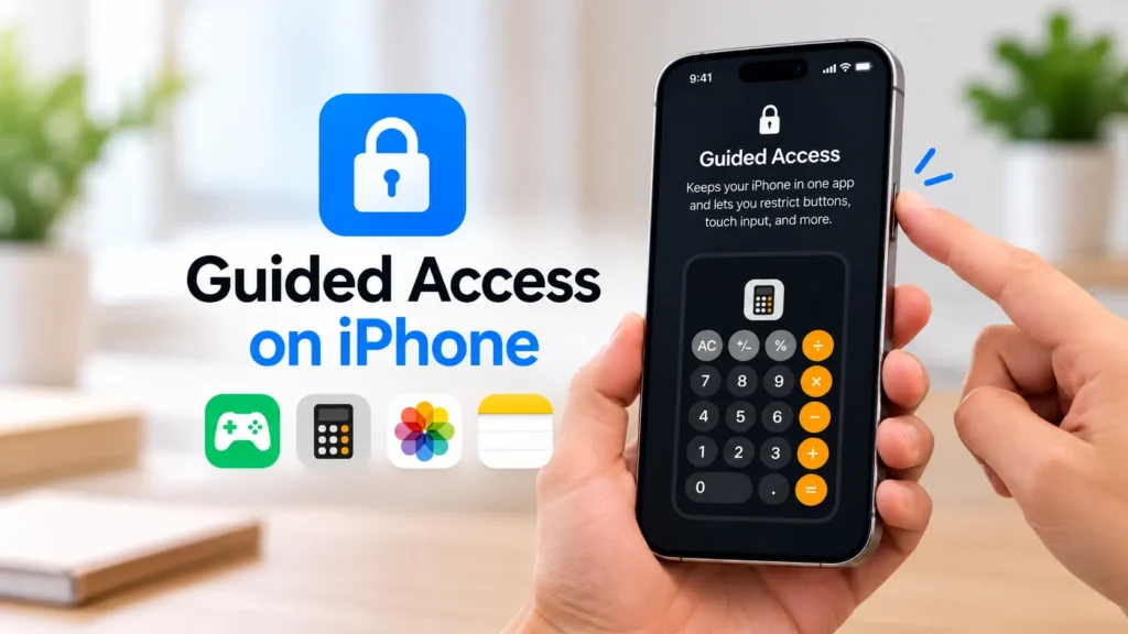 Guided Access on iPhone featured image showing an iPhone with Calculator, a lock symbol, and icons representing apps that can be restricted