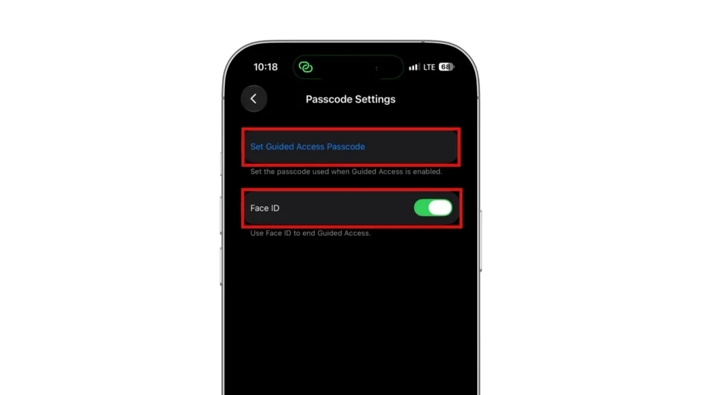 Guided Access Passcode Settings showing Set Guided Access Passcode and Face ID enabled