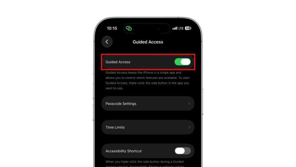 Guided Access switched on in iPhone Accessibility settings