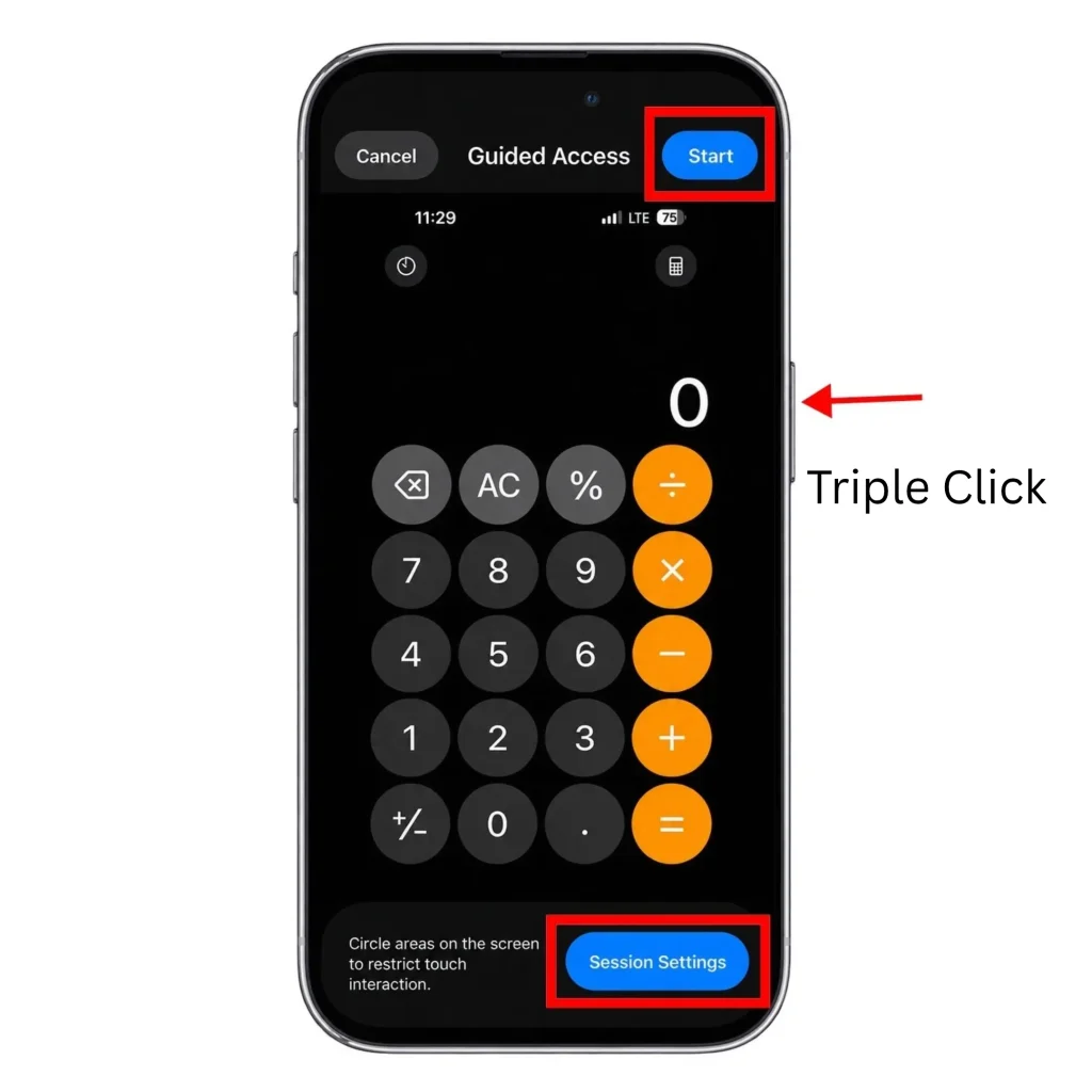 Guided Access setup with an arrow marking the Side button to triple-click and Start and Session Settings highlighted