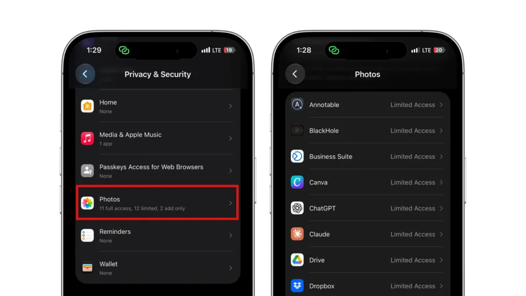 iPhone Photos permission settings showing Limited Access enabled for several apps