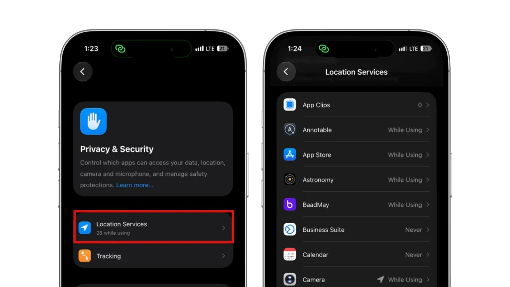 iPhone Location Services settings showing apps and their location access permissions