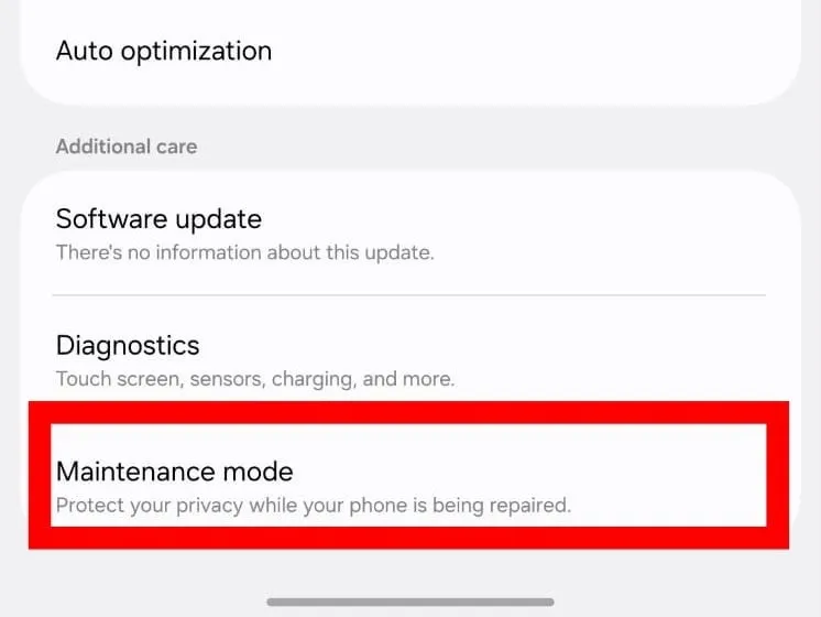 Samsung Galaxy screen showing the option to turn on Maintenance Mode