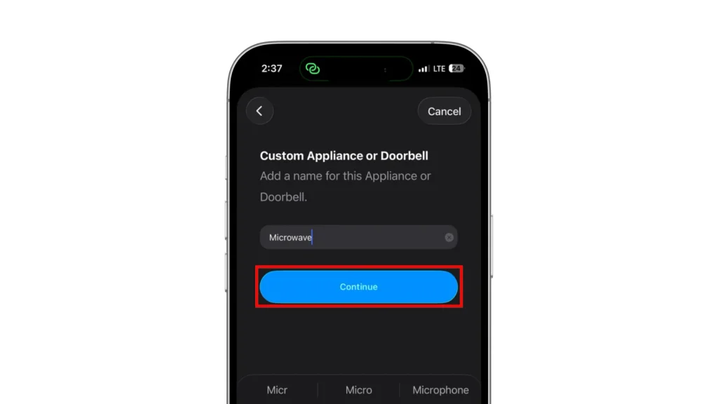 Custom sound setup with Microwave entered as the name and Continue highlighted
