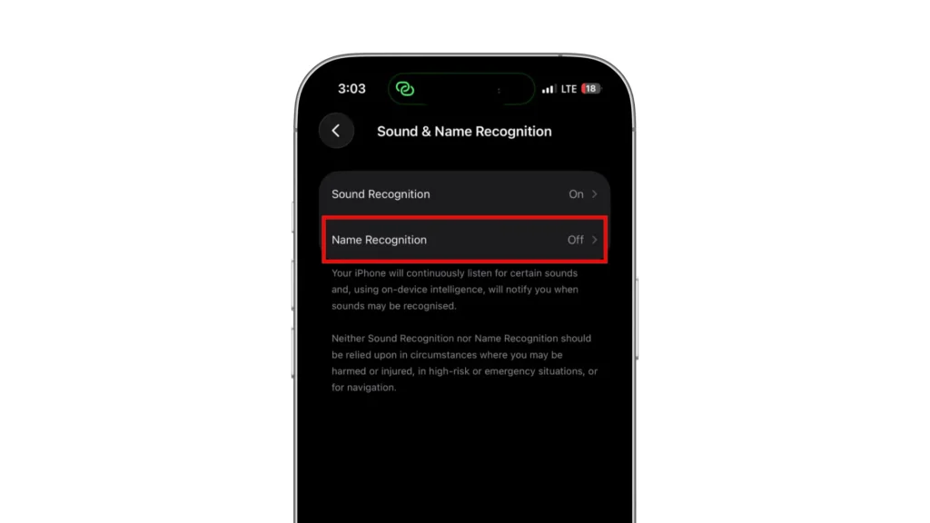 Sound & Name Recognition settings with Name Recognition highlighted