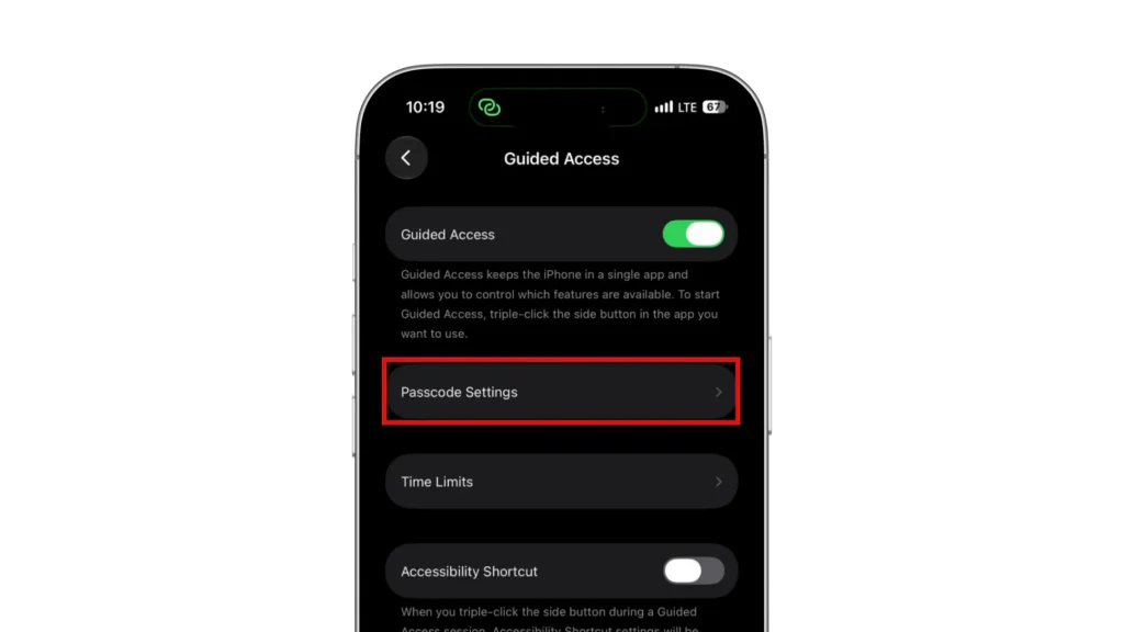 Passcode Settings highlighted on the iPhone Guided Access settings screen