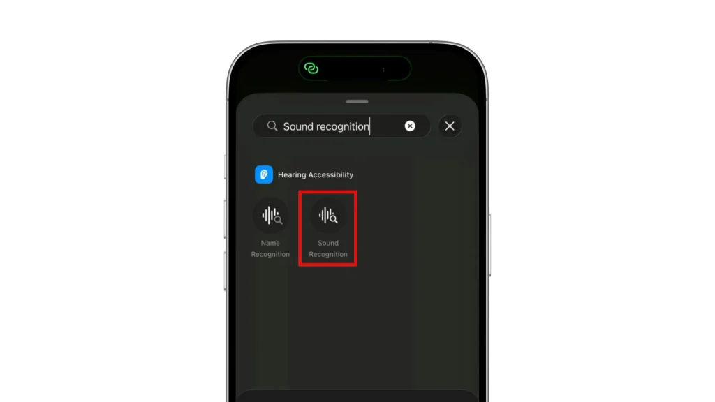 Control Center search results with the Sound Recognition control highlighted
