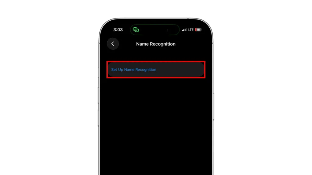 iPhone Name Recognition settings with Set Up Name Recognition highlighted
