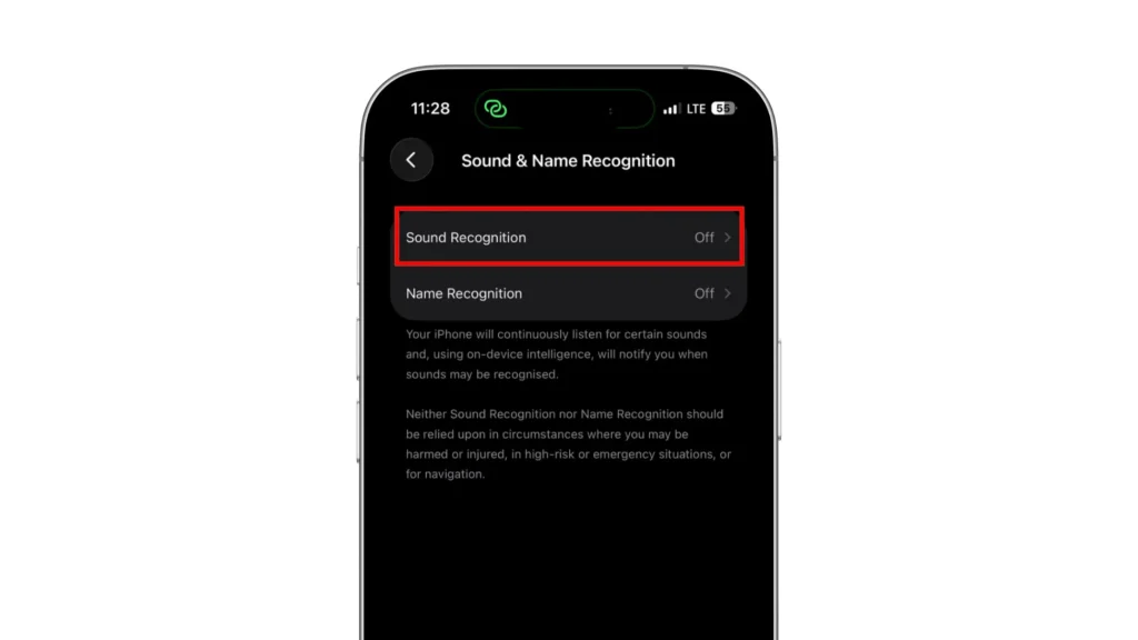 Sound & Name Recognition settings with Sound Recognition highlighted