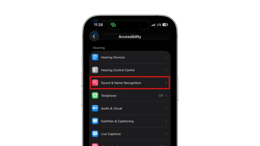 iPhone Accessibility settings with Sound & Name Recognition highlighted