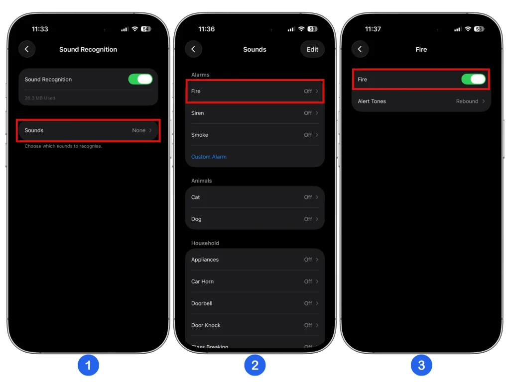 Three iPhone screenshots showing how to open Sounds, select Fire, and enable fire alarm recognition