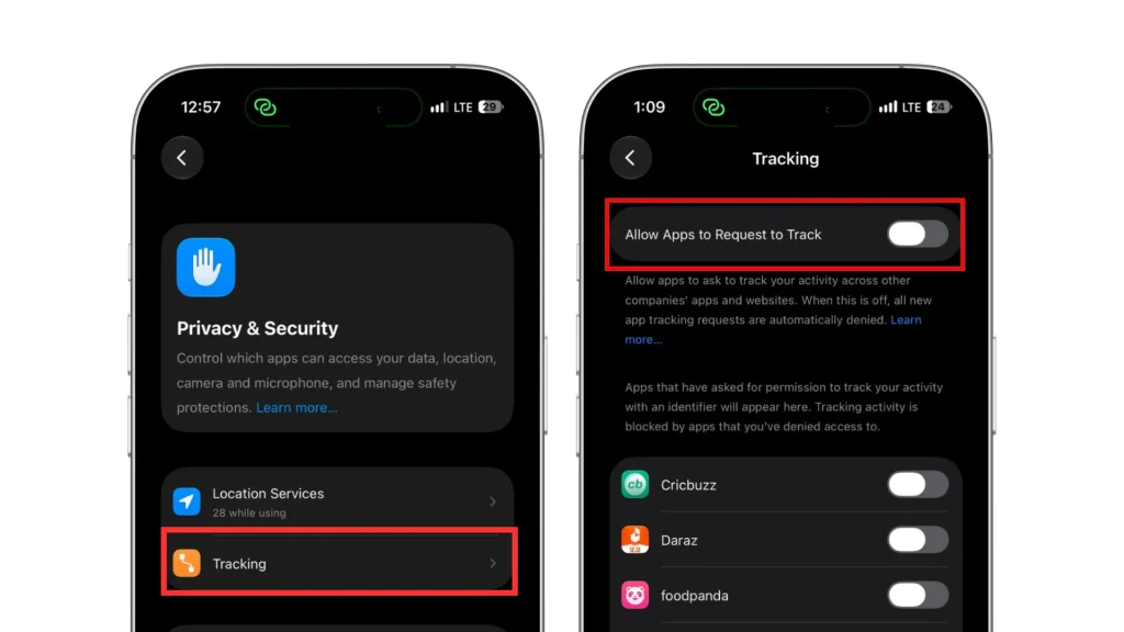 iPhone Tracking settings with Allow Apps to Request to Track turned off