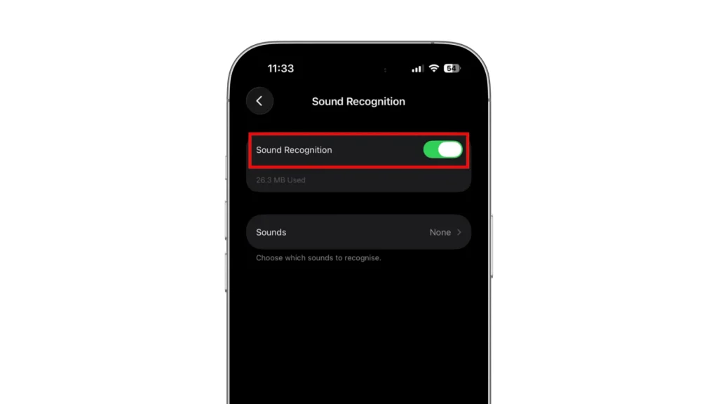 iPhone Sound Recognition settings with the main switch turned on