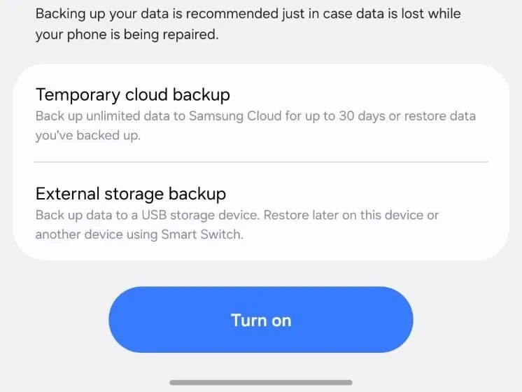 Samsung Galaxy screen showing the option to turn on Maintenance Mode