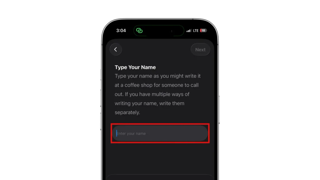 Name Recognition setup showing the Type Your Name screen with the name entry field highlighted