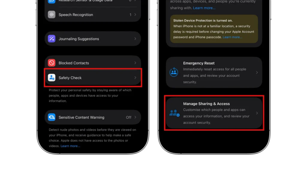 iPhone Safety Check screen showing Emergency Reset and Manage Sharing & Access