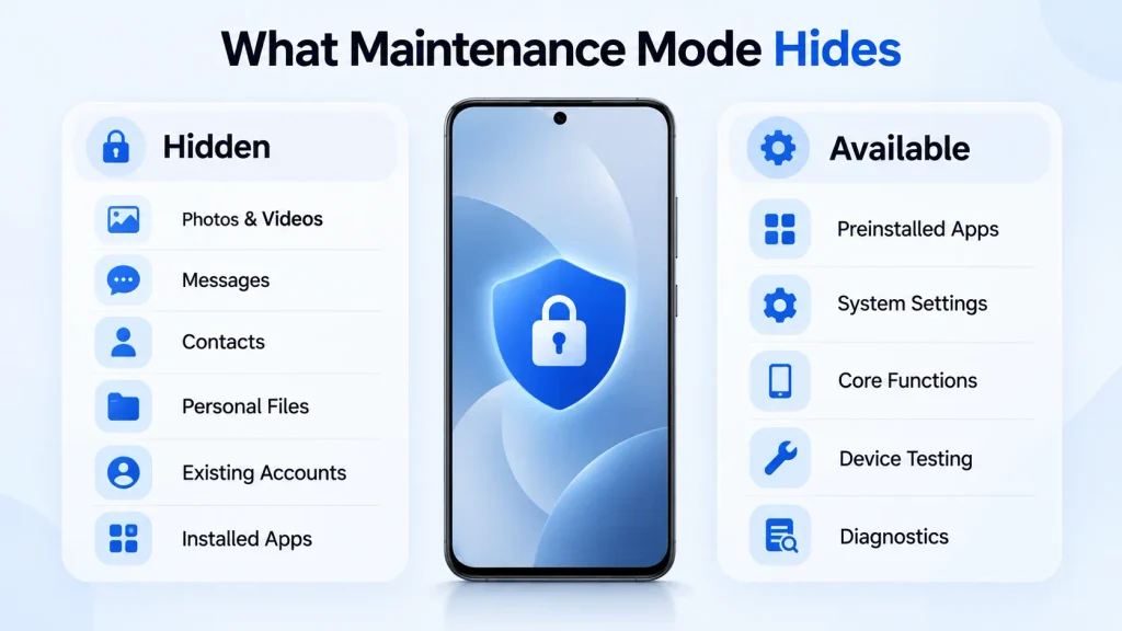 Samsung Maintenance Mode infographic showing hidden personal data and available system functions
