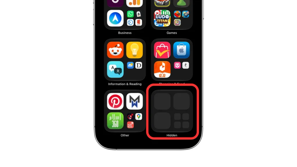 iPhone App Library with the closed Hidden folder outlined in red