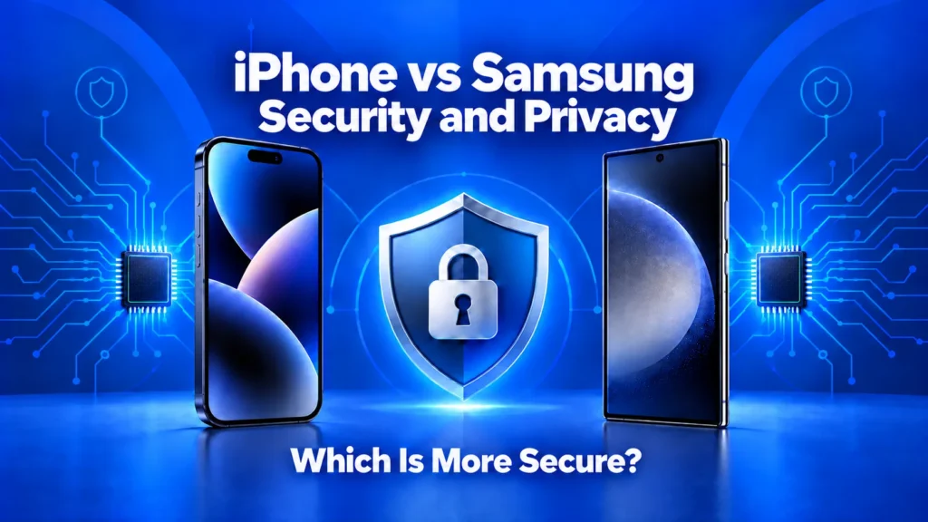 iPhone vs Samsung security and privacy comparison with two smartphones, security chips, and a shield lock